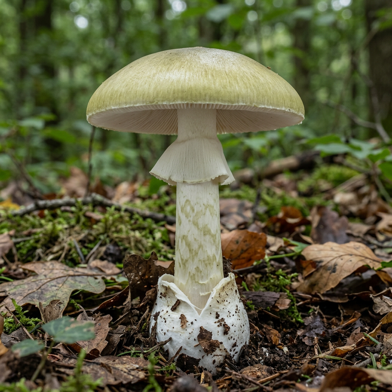 Grüner Knollenblätterpilz (Amanita phalloides), KI-Illustration