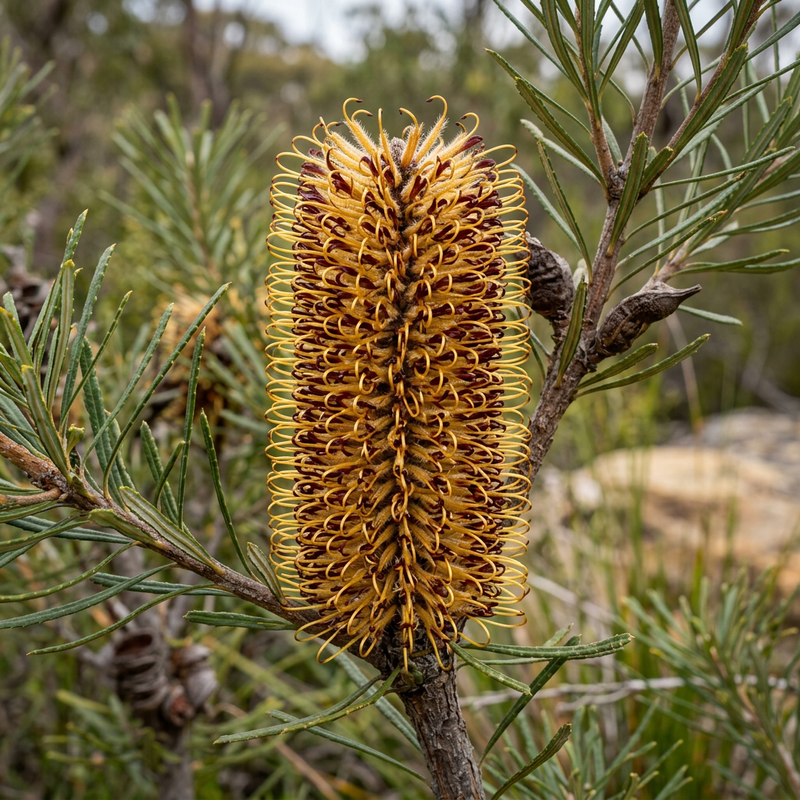 Haar-Banksie (Banksia spinulosa), KI-Illustration