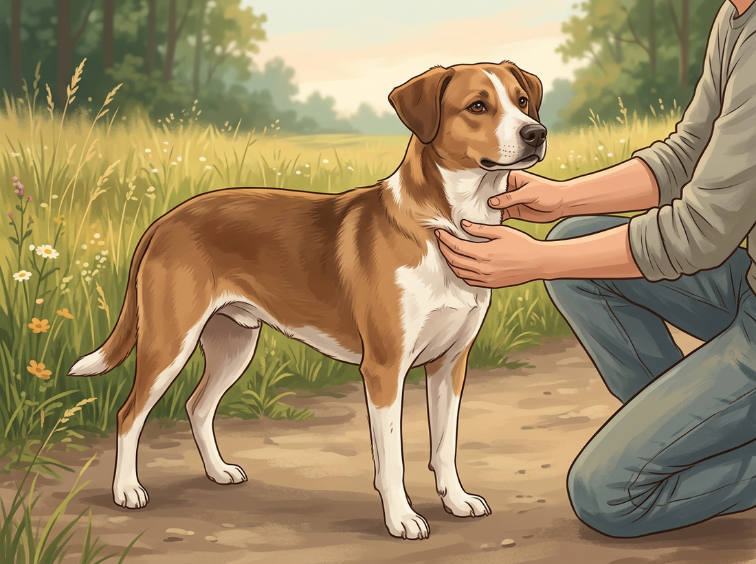 Illustration: Ein brauner Hund mit weißer Brust steht nach dem Spaziergang am Wiesenrand, eine Person sucht das Fell am Hals ab