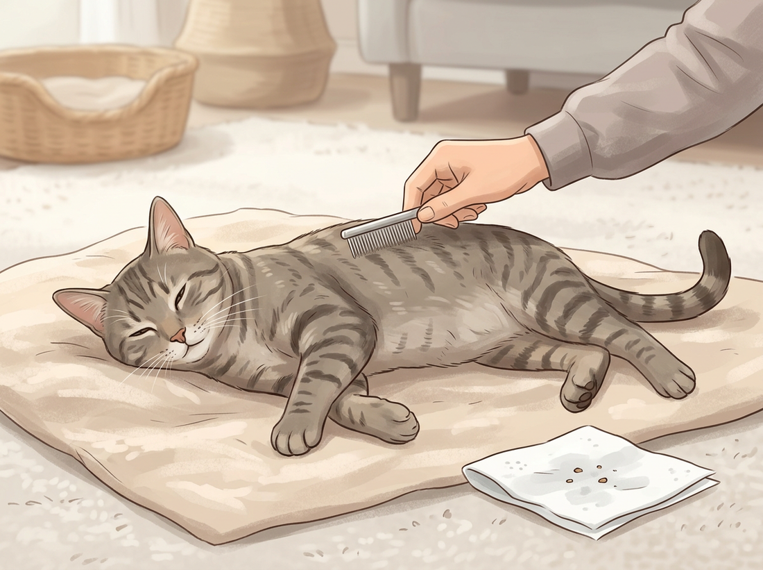 Illustration: Eine getigerte Katze liegt auf einer hellen Decke und wird mit einem feinen Flohkamm gekämmt, daneben ein feuchtes weißes Tuch