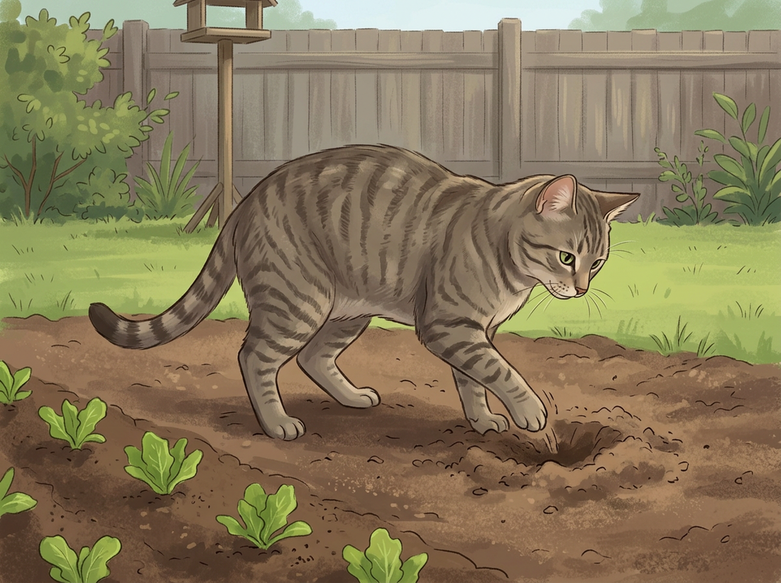 Illustration: Eine getigerte Hauskatze scharrt in der lockeren Erde eines frisch angelegten Gemüsebeets vor einem Holzzaun