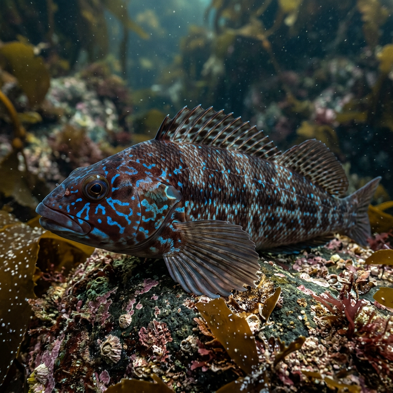 Kelp-Grünling (Hexagrammos decagrammus), KI-Illustration
