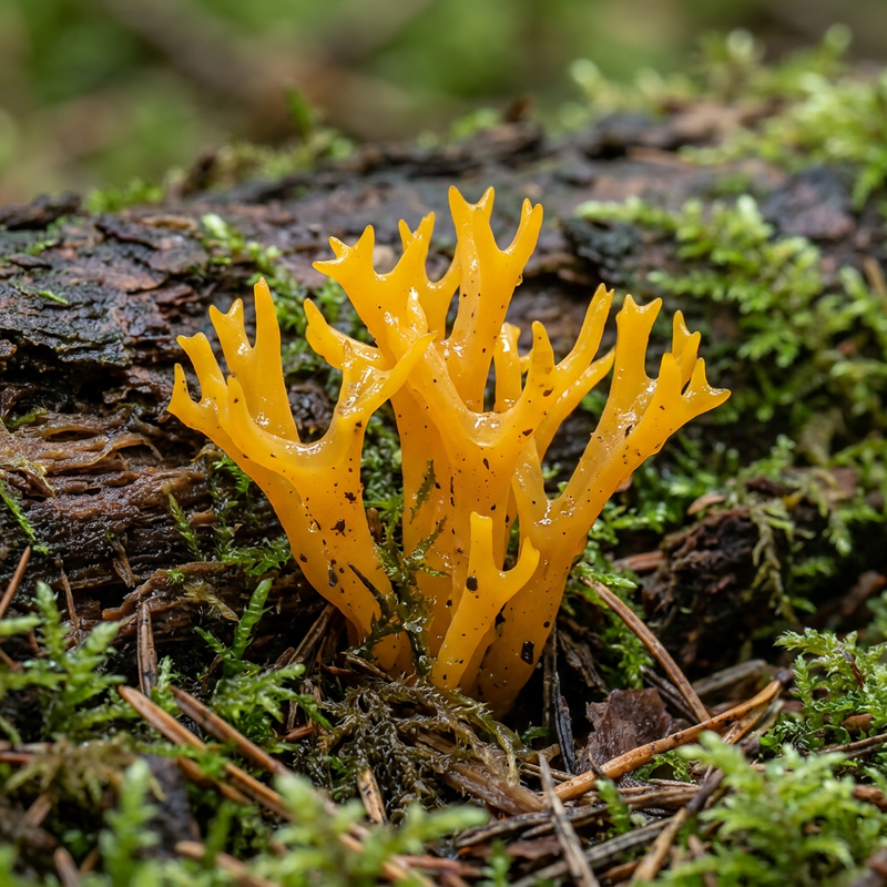 Klebriger Hörnling (Calocera viscosa), KI-Illustration