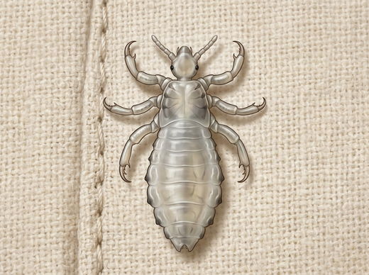 Kleiderlaus (Pediculus humanus corporis) auf Stoff, stark vergrößert