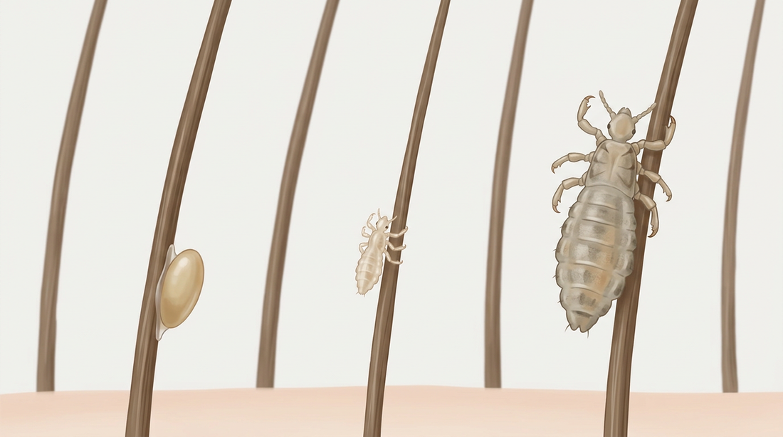 Stark vergrößerte Illustration: Lausei (Nisse) am Haaransatz, junge Larve und erwachsene Kopflaus an menschlichen Haaren