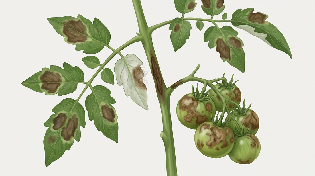 Tomatenzweig mit Kraut- und Braunfäule: braune Blattflecken mit hellgrünem Rand, weißer Pilzrasen an der Blattunterseite, dunkler Fleck am Stängel und fleckige grüne Früchte
