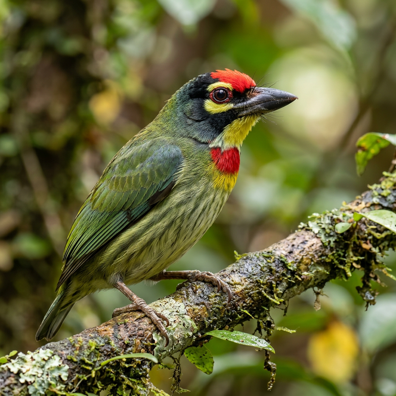 Kupferschmied-Bartvogel (Psilopogon haemacephalus), KI-Illustration