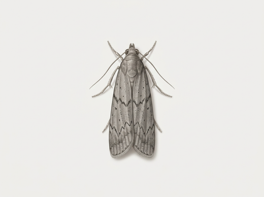 Mehlmotte (Ephestia kuehniella) mit grauen Vorderflügeln, von oben