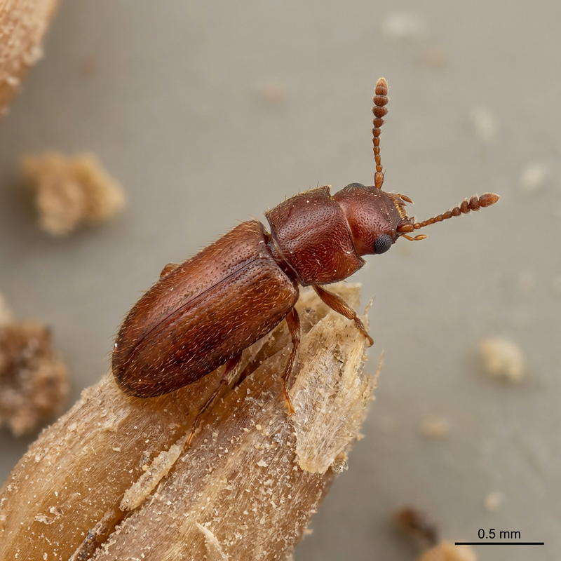 Leistenkopfplattkäfer (Cryptolestes turcicus), KI-Illustration