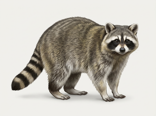Waschbär (Procyon lotor) mit schwarzer Gesichtsmaske und geringeltem Schwanz
