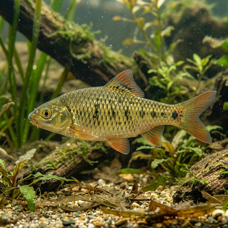 Messingbarbe (Barbodes semifasciolatus), KI-Illustration