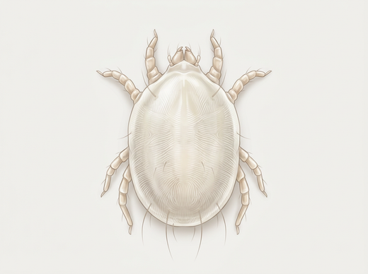 Hausstaubmilbe (Dermatophagoides) von oben, grauweiß mit acht Beinen