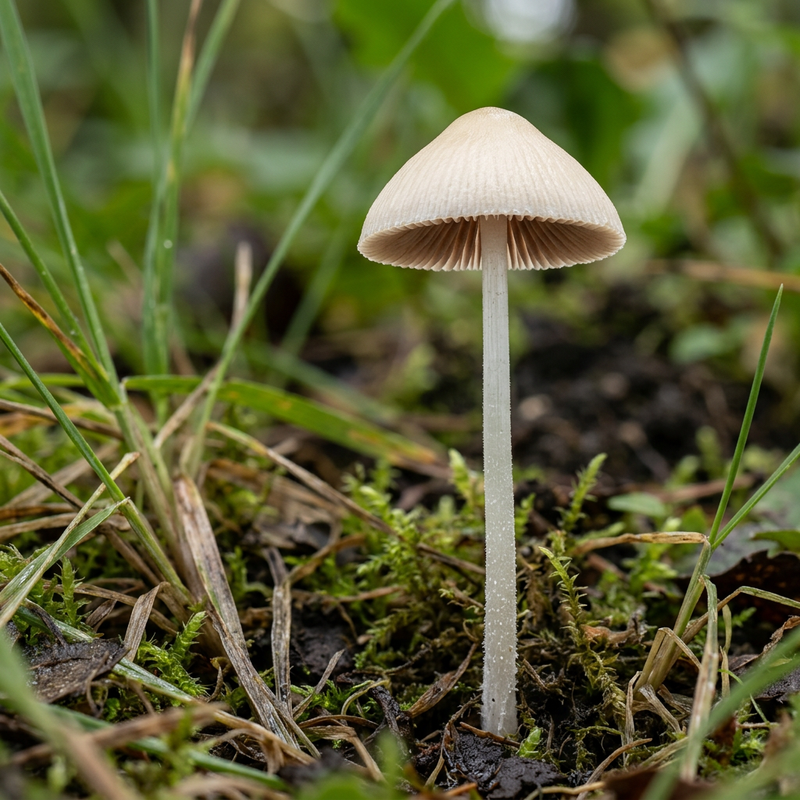 Milchweißer Häubchenpilz (Conocybe apala), KI-Illustration