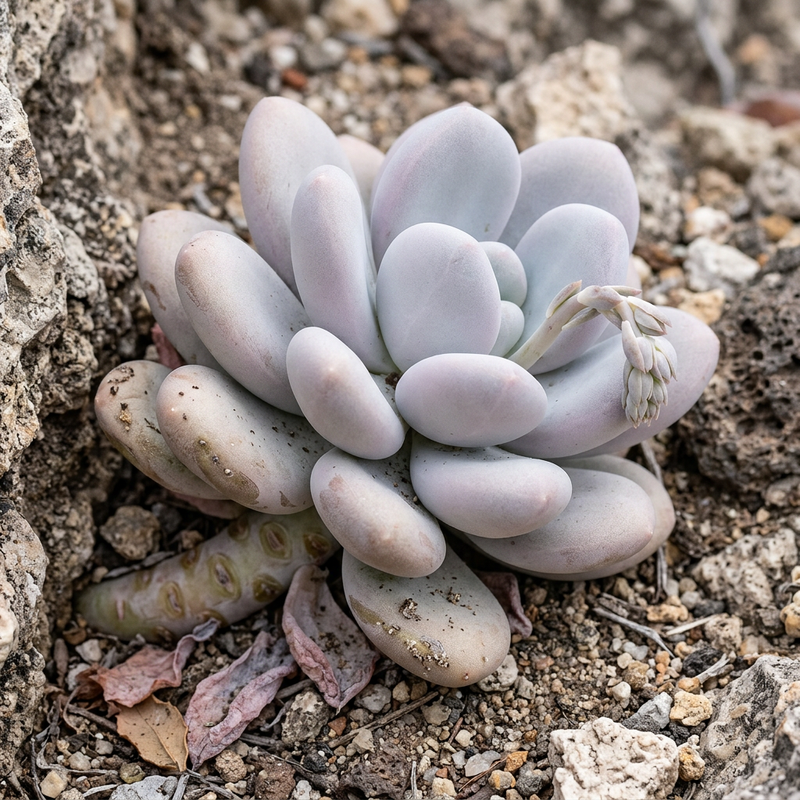 Mondstein-Pflanze (Pachyphytum oviferum), KI-Illustration