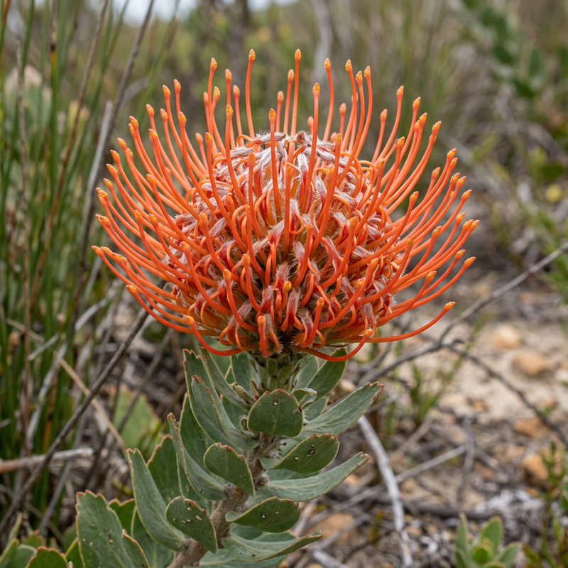 Nadelkissen-Protea (Leucospermum cordifolium), KI-Illustration