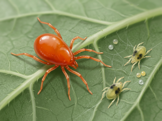 Orangerote Raubmilbe (Phytoseiulus persimilis) jagt blassgrüne Spinnmilben auf einem Blatt, stark vergrößert