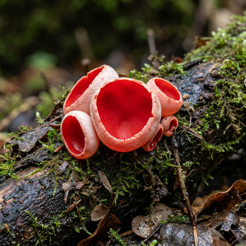Österreichischer Prachtbecherling (Sarcoscypha austriaca), KI-Illustration