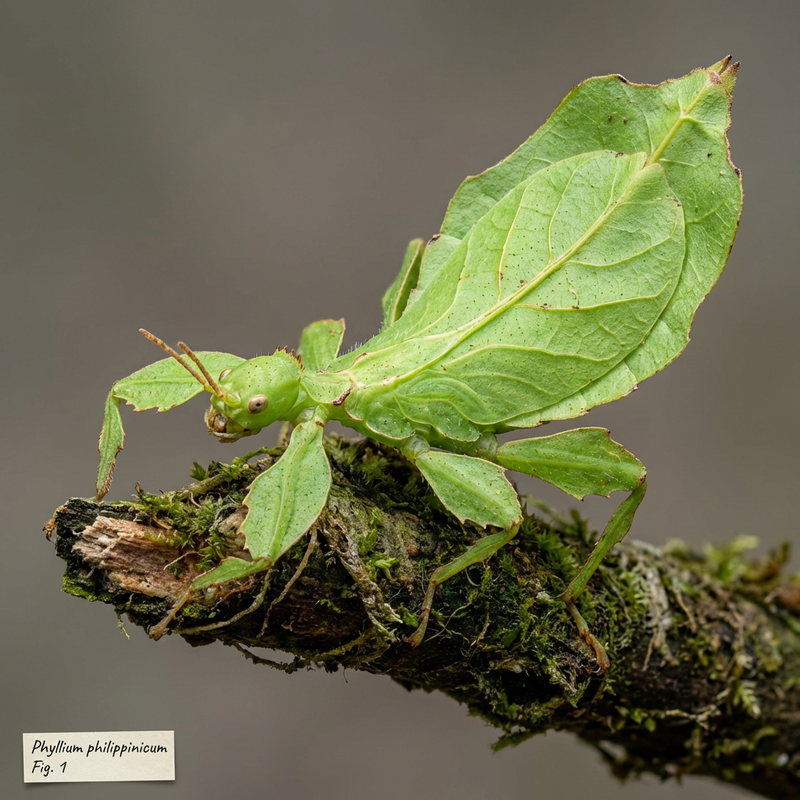 Philippinisches Wandelndes Blatt (Phyllium philippinicum), KI-Illustration