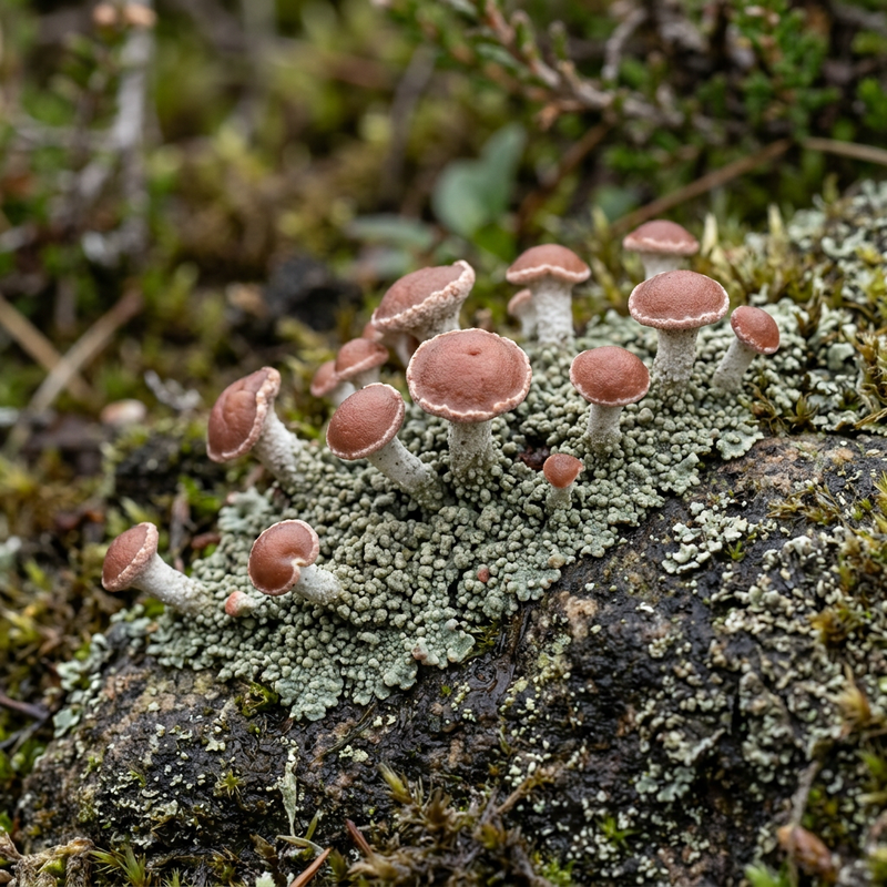 Rosa Heidetäubling (Baeomyces rufus), KI-Illustration