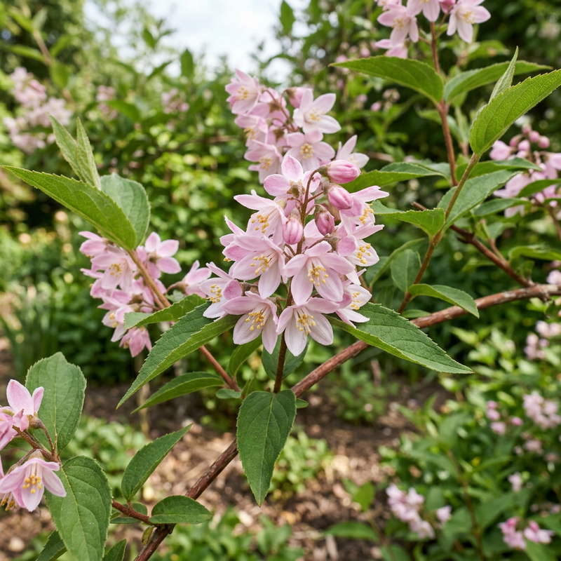 Rosafarbener Sternchenstrauch (Deutzia rosea), KI-Illustration
