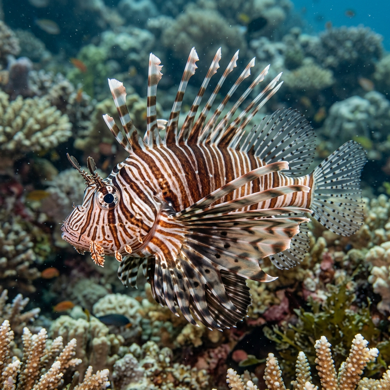 Rotfeuerfisch (Pterois volitans), KI-Illustration