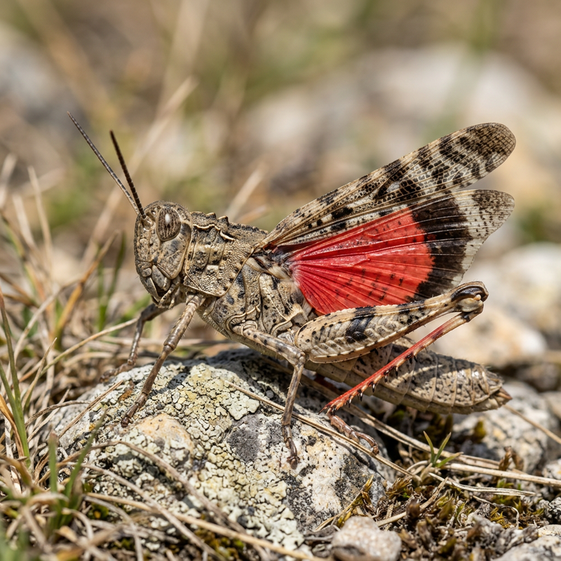 Rotflügelige Ödlandschrecke (Oedipoda germanica), KI-Illustration