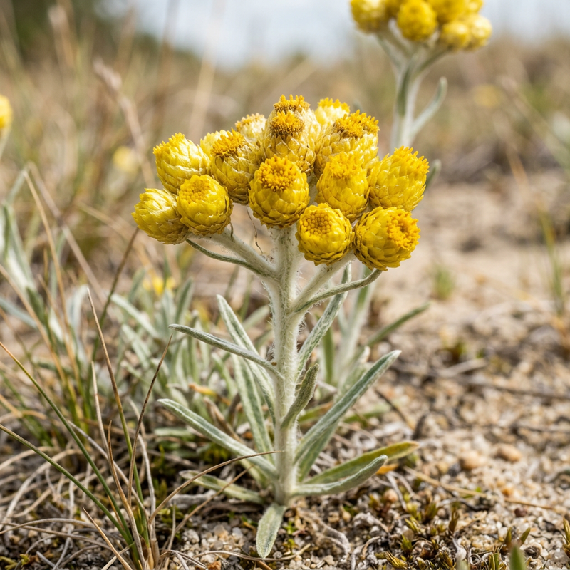 Sand-Strohblume (Helichrysum arenarium), KI-Illustration