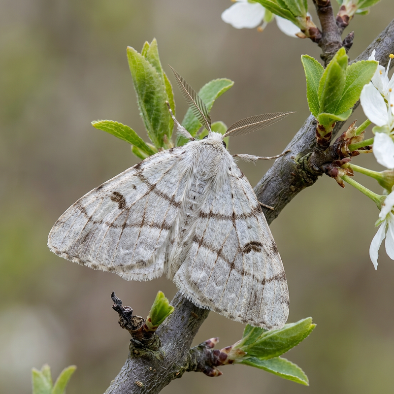 Schlehen-Federweißling (Aleucis distinctata), KI-Illustration