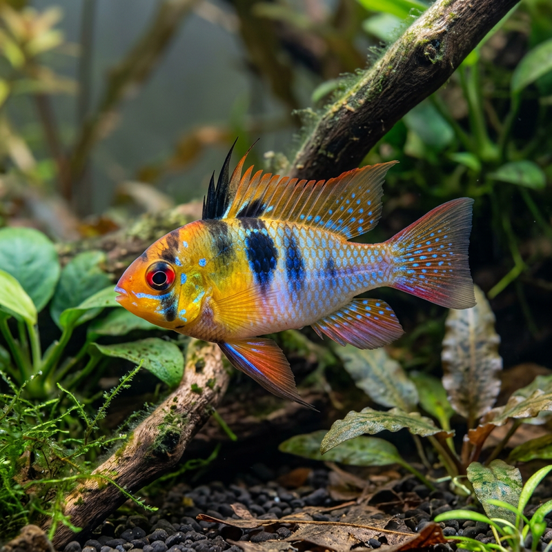 Schmetterlingsbuntbarsch (Mikrogeophagus ramirezi), KI-Illustration