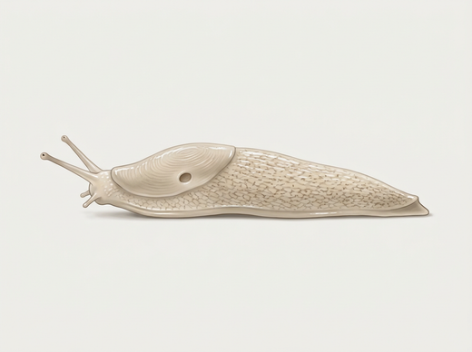 Genetzte Ackerschnecke (Deroceras reticulatum) von der Seite, beige mit feinem dunklem Fleckenmuster