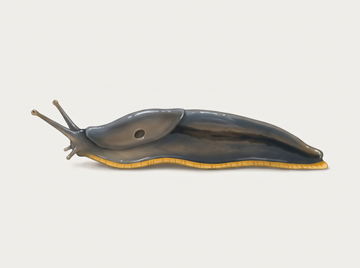 Gartenwegschnecke (Arion hortensis) von der Seite, dunkelgrau mit gelb-oranger Kriechsohle