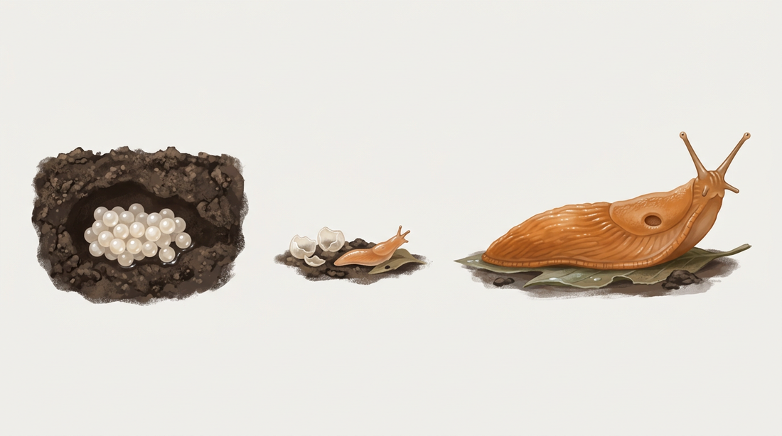 Entwicklung einer Nacktschnecke: Gelege mit perlweißen Eiern in einer Bodenhöhle, frisch geschlüpfte Jungschnecke und erwachsene orangebraune Wegschnecke