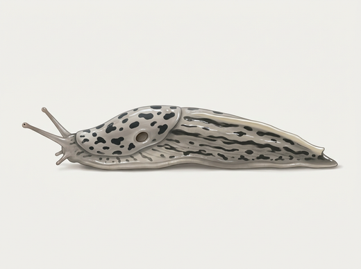 Tigerschnegel (Limax maximus) von der Seite, hellgrau mit dunklen Flecken und Längsstreifen