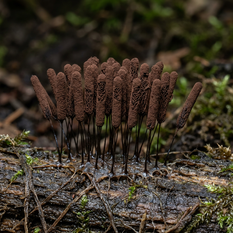Schokoladen-Schleimpilz (Stemonitis fusca), KI-Illustration