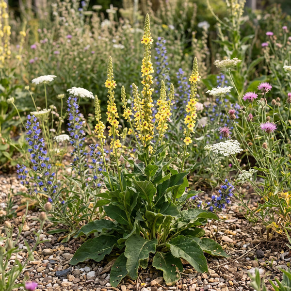 Schwarze Königskerze (Verbascum nigrum) in Blüte im naturnahen Garten (KI-generiert)