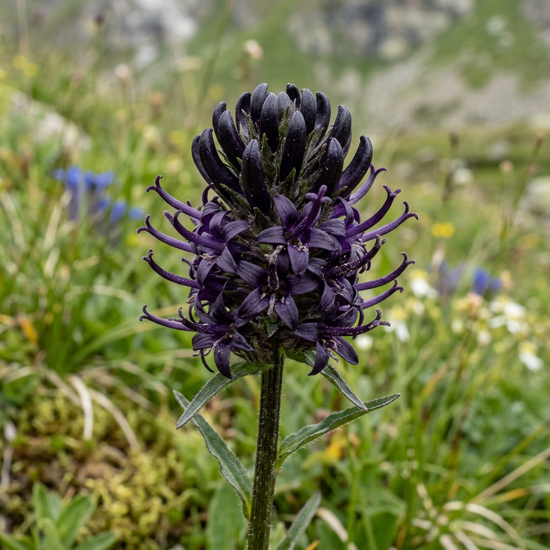 Schwarze Teufelskralle (Phyteuma ovatum), KI-Illustration