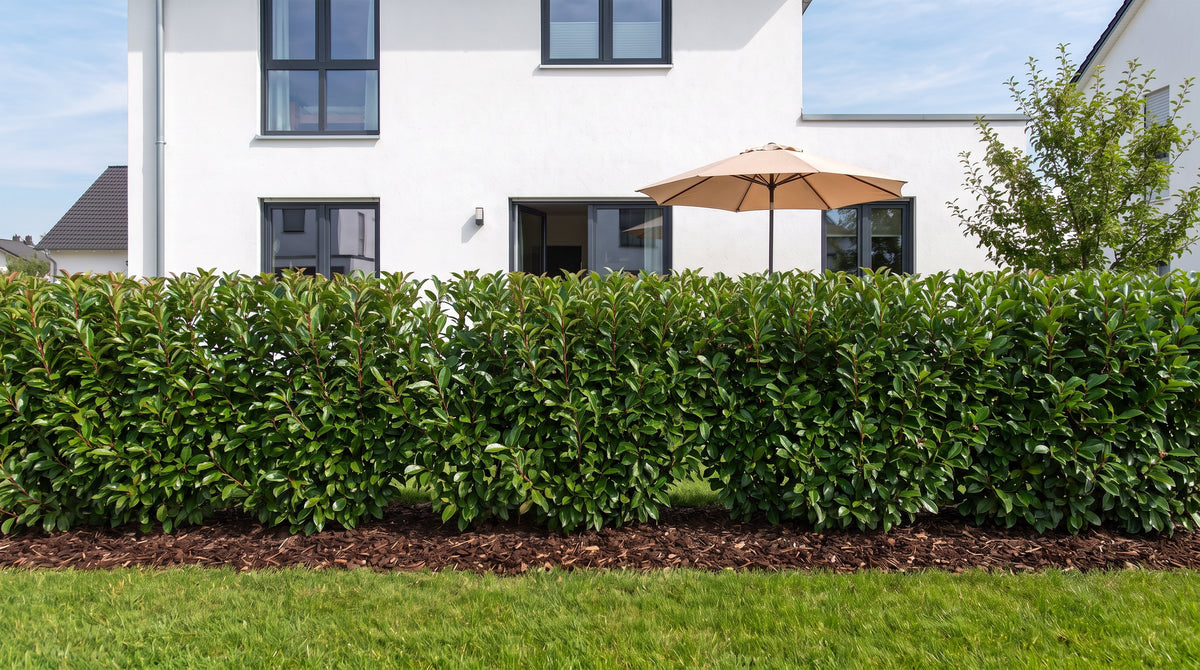 Portugiesischer Lorbeer als 1,80 m hohe Hecke (Sommer) vor der Terrasse der Nachbarn – KI-Visualisierung