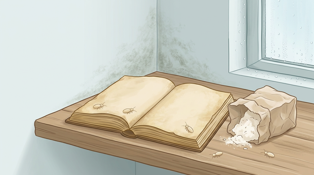 Feuchtes Regal an einer kühlen Außenwand mit leichtem Schimmelbelag, darauf ein altes Buch und eine Mehltüte mit winzigen hellen Staubläusen