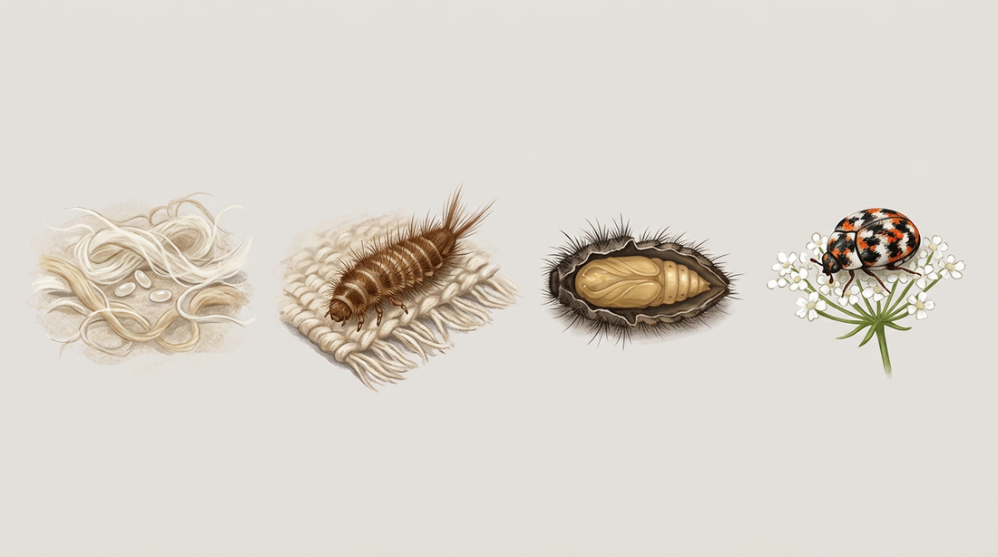 Entwicklung des Teppichkäfers: Eier zwischen Wollfasern, behaarte Larve auf einem Wollteppich, Puppe in der aufgeplatzten Larvenhaut und Käfer auf einer weißen Doldenblüte
