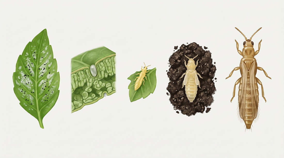 Entwicklung der Thripse: Blatt mit silbrigen Flecken und Kotpunkten, Ei im Blattgewebe, gelbliche Larve, Ruhestadium auf der Erde und erwachsener Thrips mit Fransenflügeln