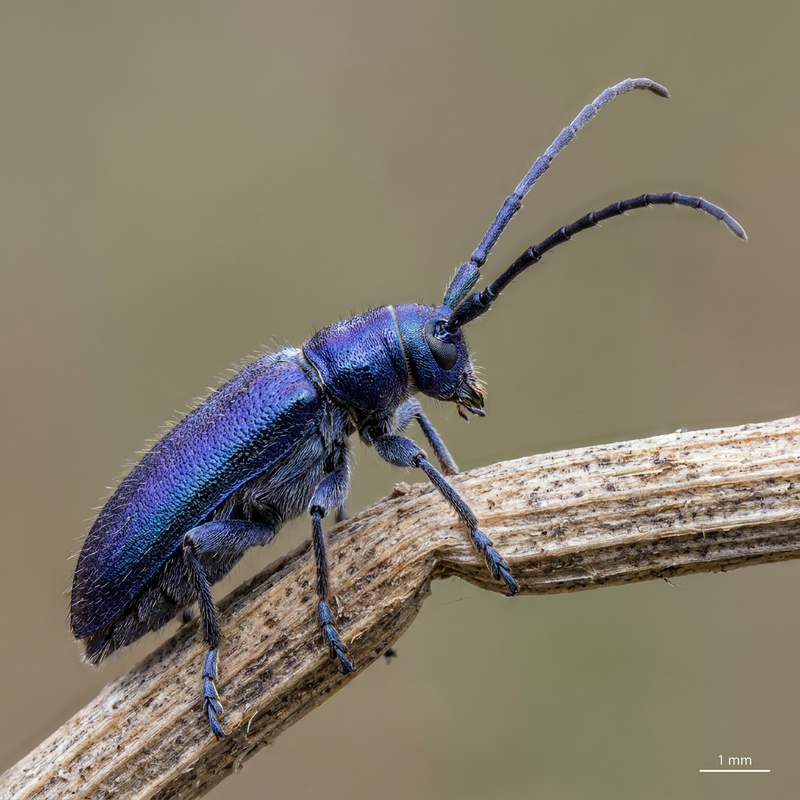 Veilchenblauer Walzenhalsbock (Agapanthia violacea), KI-Illustration