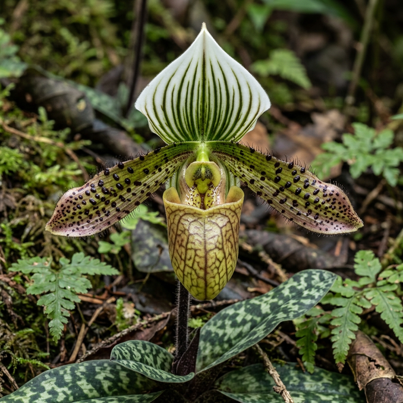 Venustums Frauenschuh (Paphiopedilum venustum), KI-Illustration