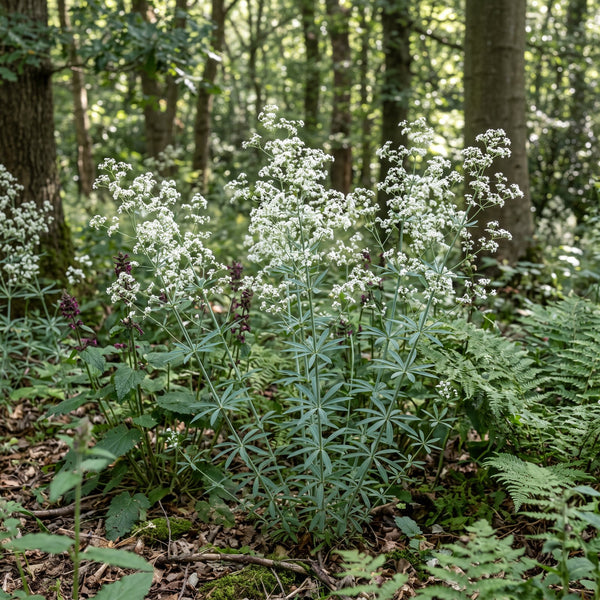 Wald-Labkraut (Galium sylvaticum) in Blüte im naturnahen Garten (KI-generiert)