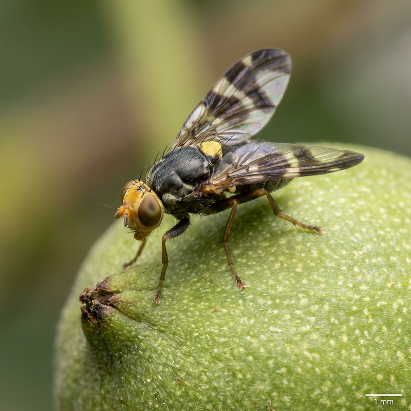 Walnussfruchtfliege (Rhagoletis completa), KI-Illustration
