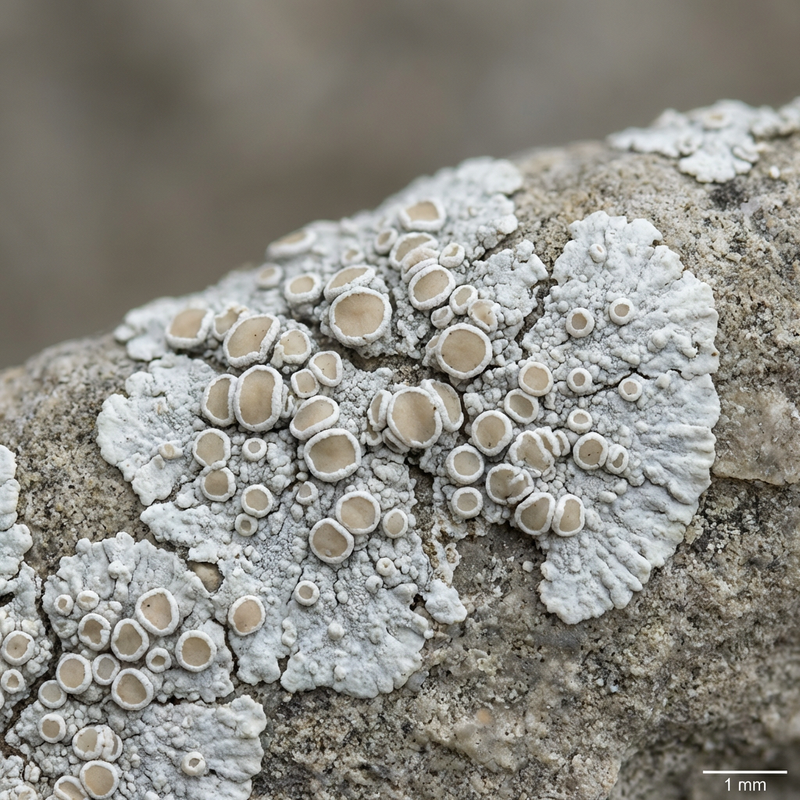 Weiße Mauerflechte (Lecanora albescens), KI-Illustration