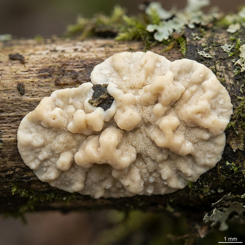 Weißer Rindenpilz (Radulomyces confluens), KI-Illustration