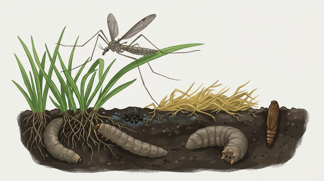 Wiesenschnake mit langen Beinen auf einem Grashalm, darunter im Rasenboden graue, beinlose Larven an Graswurzeln, kleine schwarze Eier, eine Puppe und eine braune, abgestorbene Rasenstelle