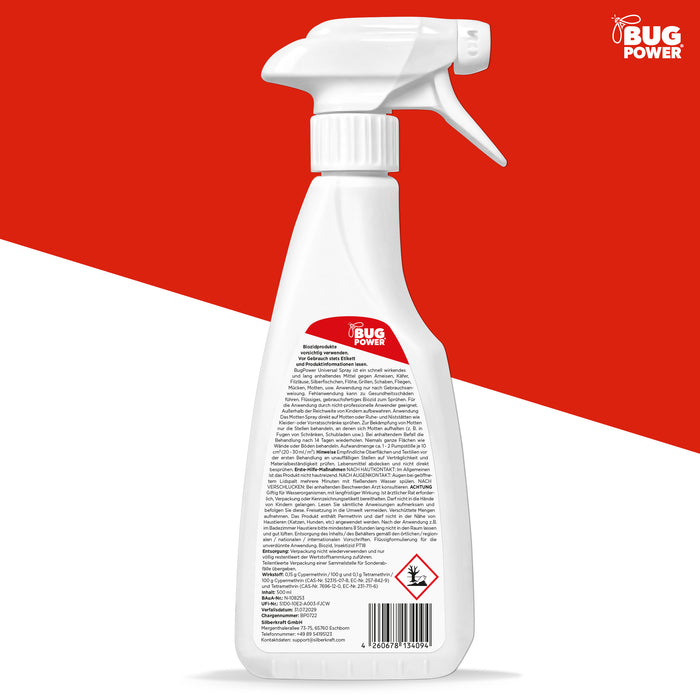 BugPower Mottenspray gegen Kleider- & Lebensmittelmotten - mit Knock-down-Effekt - Silberkraft